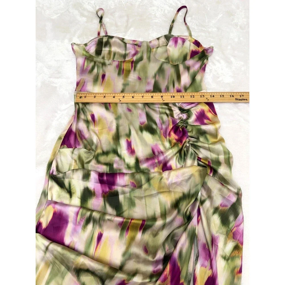 CIDER Watercolor Satin Ruched Asymmetrical Bodycon Midi Dress – Size Small